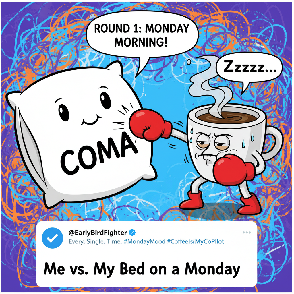 My Monday morning mood is a coffee trying to fight a coma.