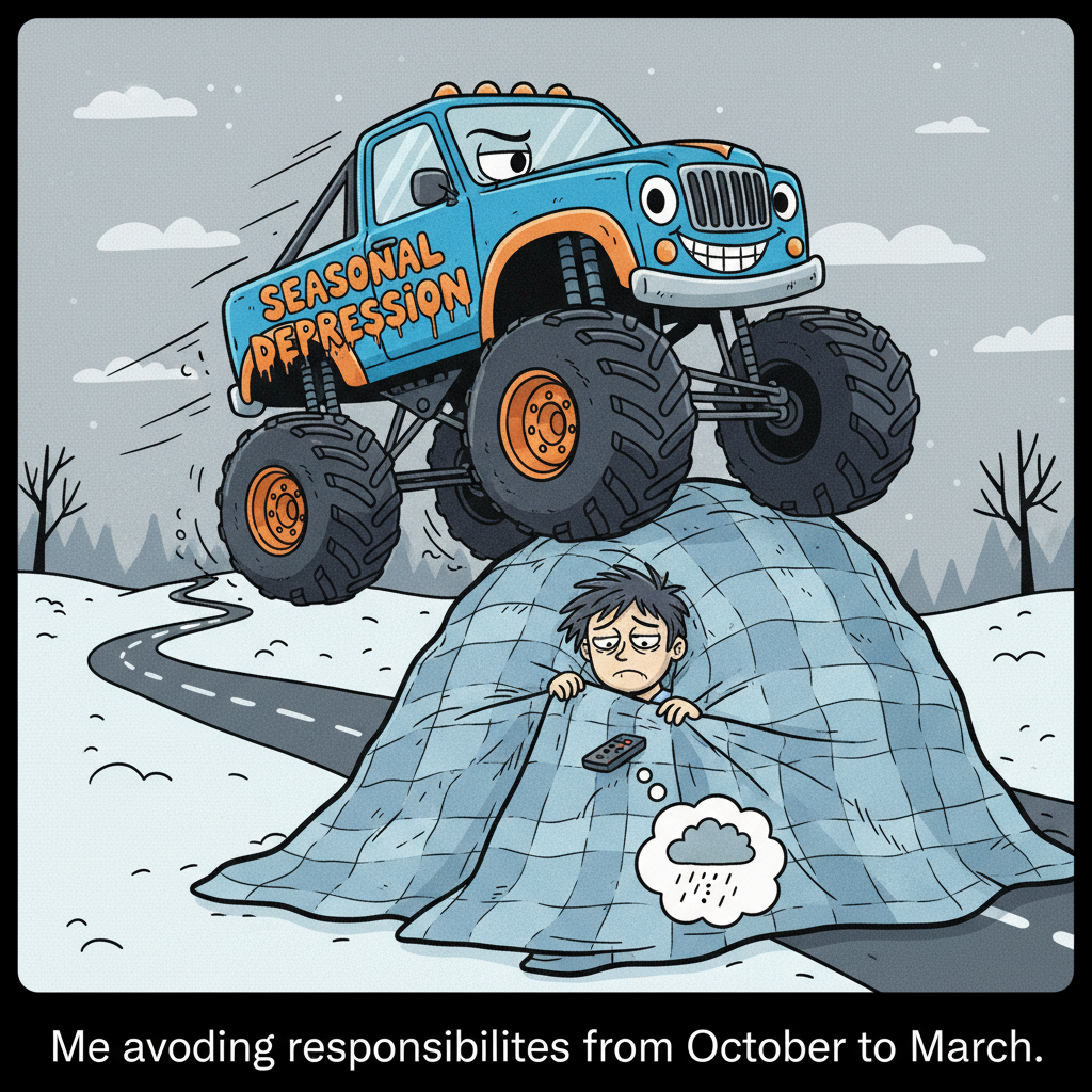 Seasonal depression hitting me like a truck full of weighted blankets and sad songs.