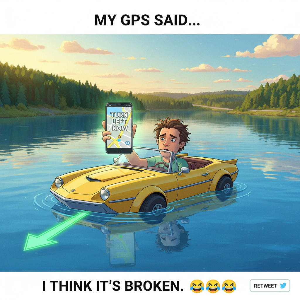 GPS said 'turn left now' while I was in the middle of a lake. Send help.