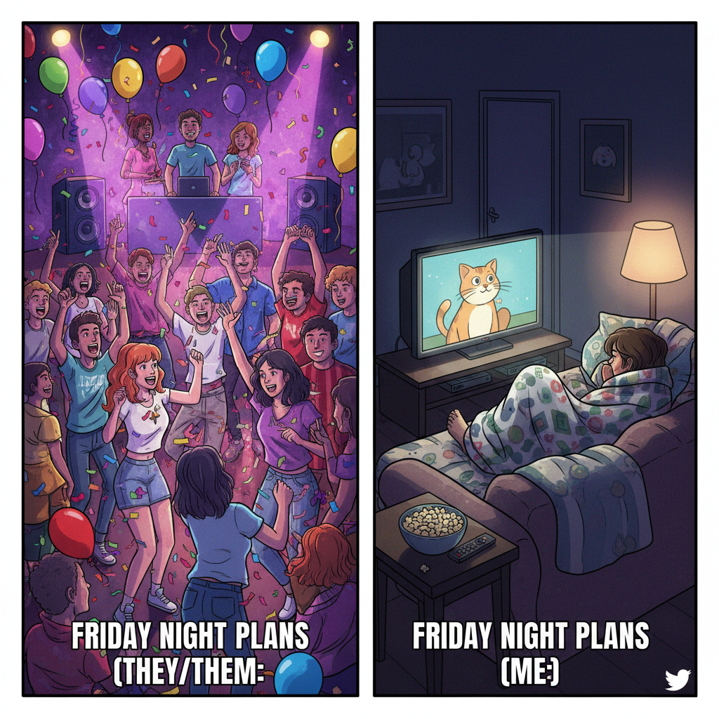 Friday night plans: 'Going out!' Friday night reality: 'My couch and a 3-hour documentary.'