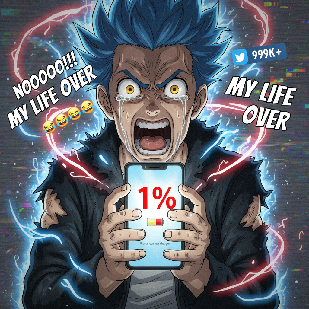 Me reacting to my phone battery hitting 1% like it's the final boss battle in an anime.