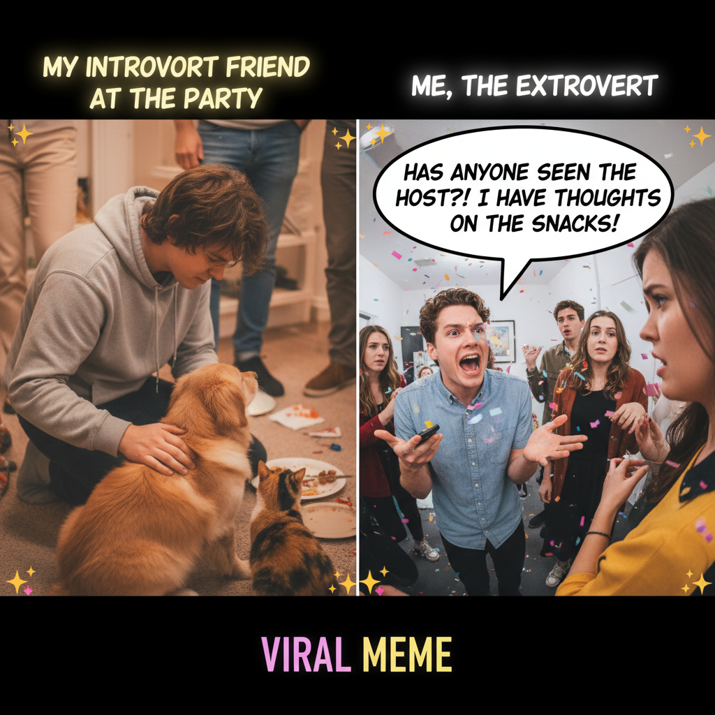 Introvert at a party: Searching for the host's pet. Extrovert: Is the host even here?