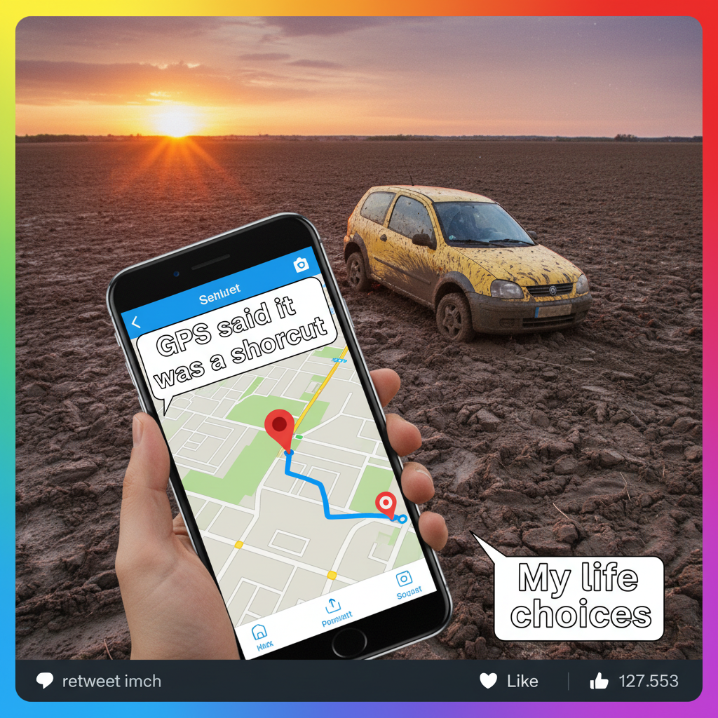 GPS said 'turn left'. We're now in a field. Send snacks.