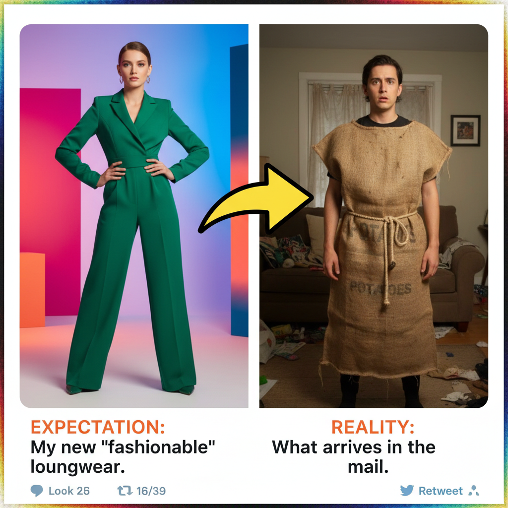 Ordered a 'chic jumpsuit,' got a potato sack with sleeves. My impulse control is broken.