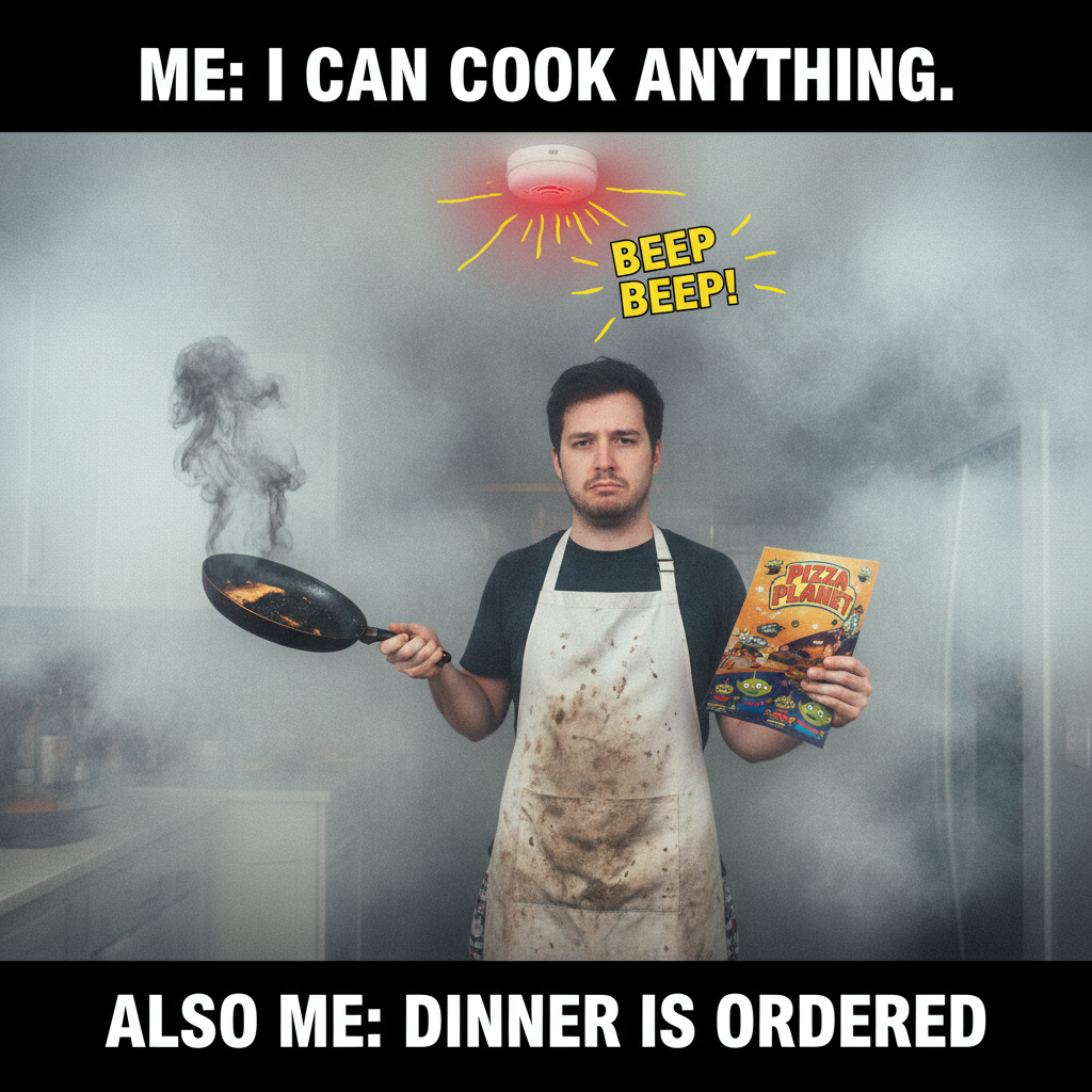 Tried to make a 'gourmet' meal. Ended up with a smoke alarm concert & takeout menu.