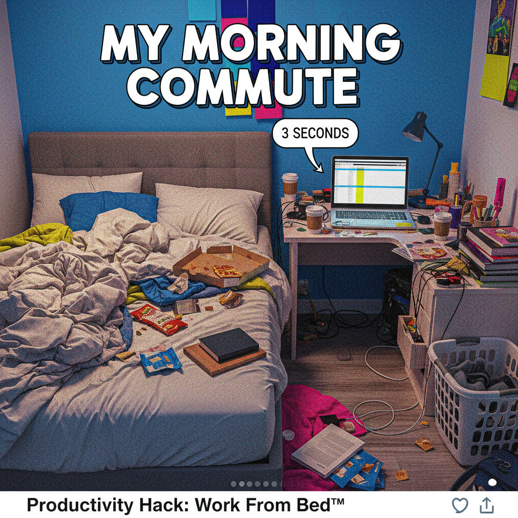 My office commute is from my bed to my desk. Still late sometimes.
