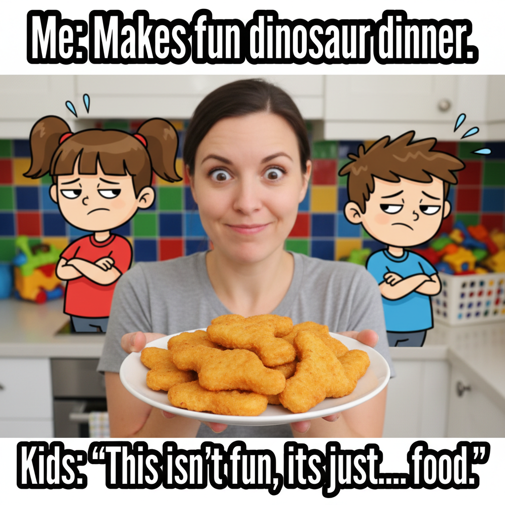 My kids asked for a 'fun' dinner. I gave them chicken nuggets shaped like dinosaurs. They're still mad.