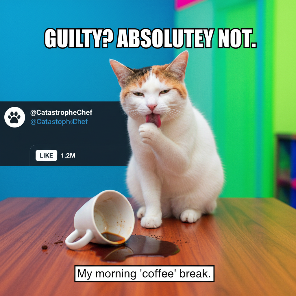 My cat just knocked over my coffee, stared me in the eyes, then licked his paw. Peak villainy.