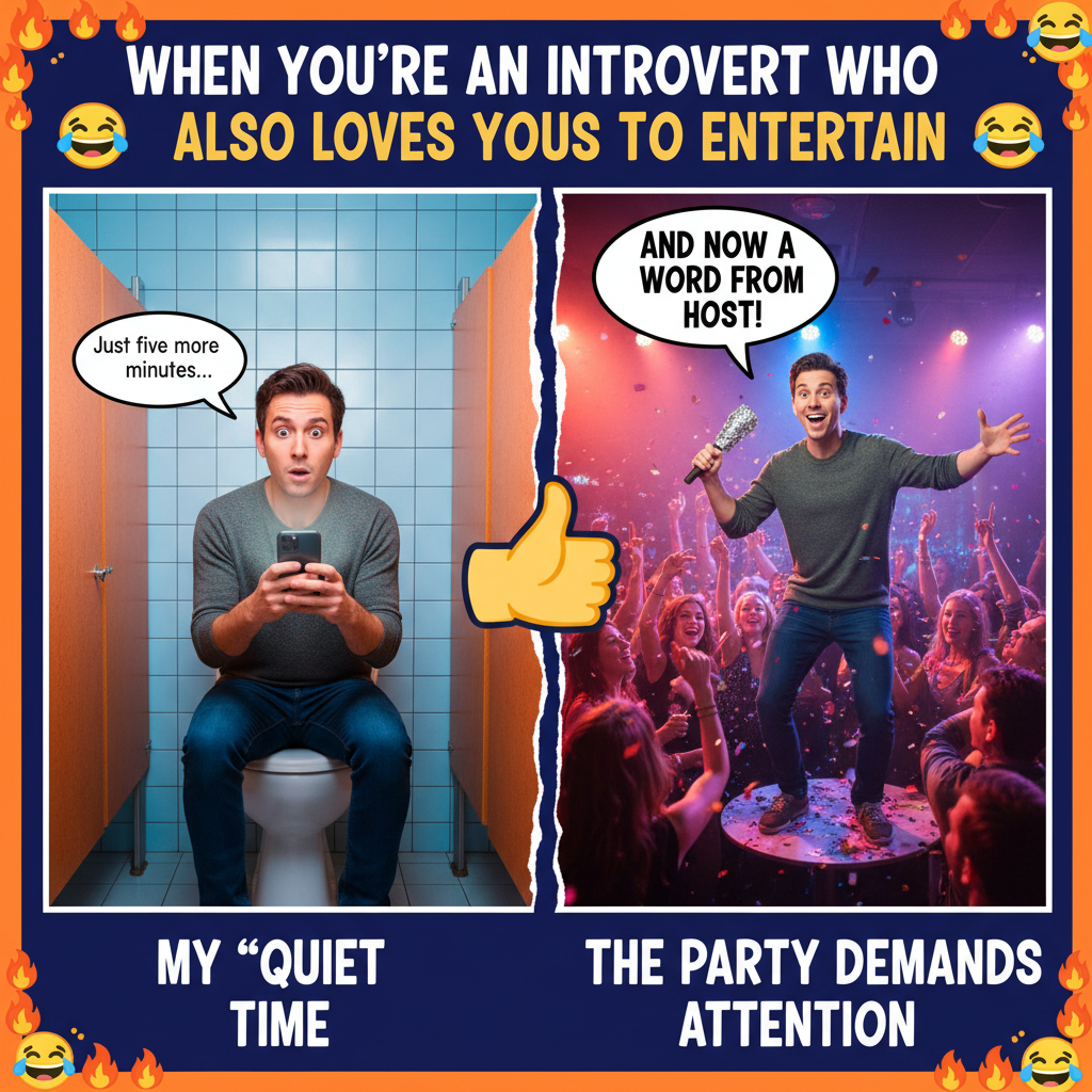 Introverts at a party: recharging in the host's bathroom. Extroverts: IS THIS MIC ON?!