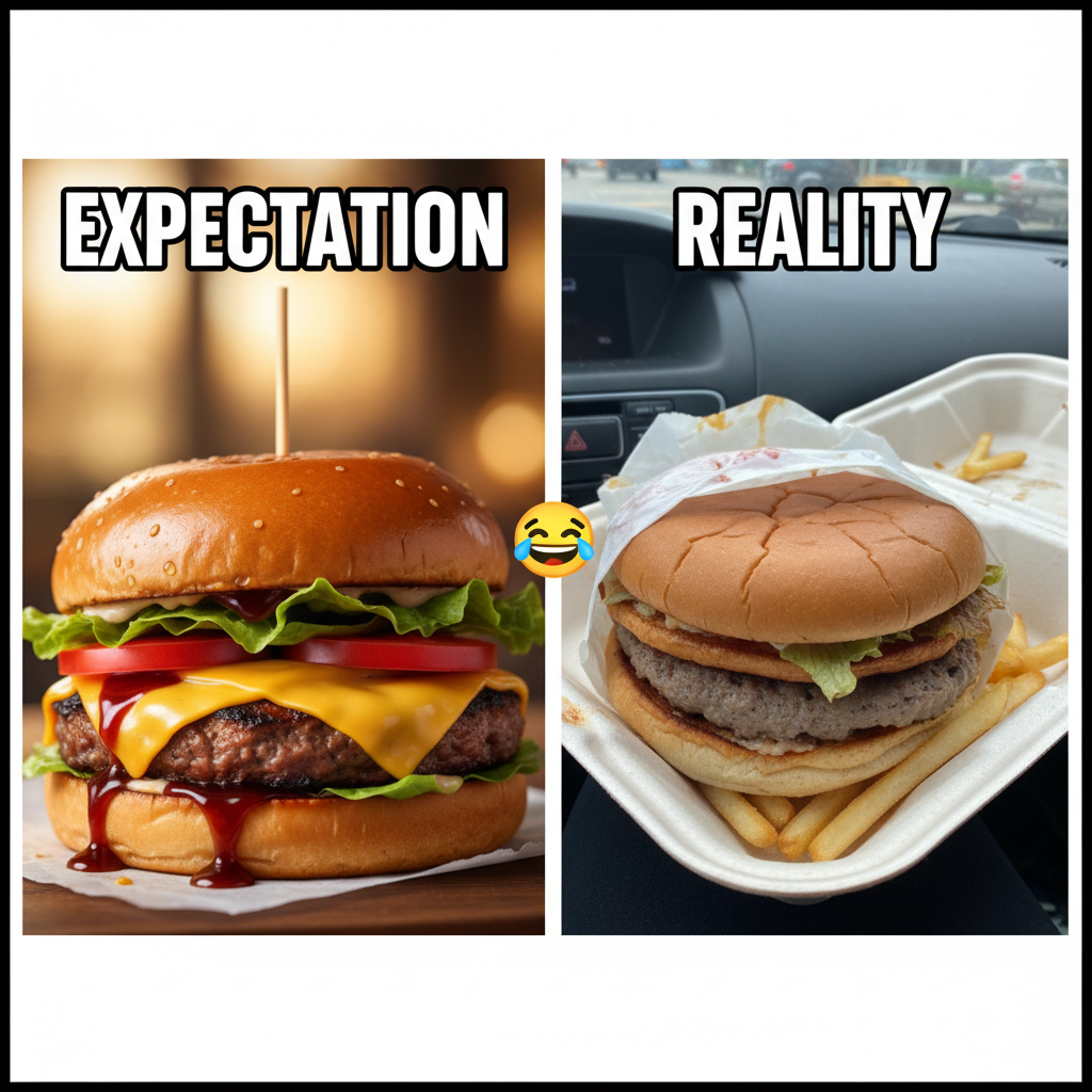 Ordered a gourmet burger. Got a sad patty on a bun. My expectations are shattered.