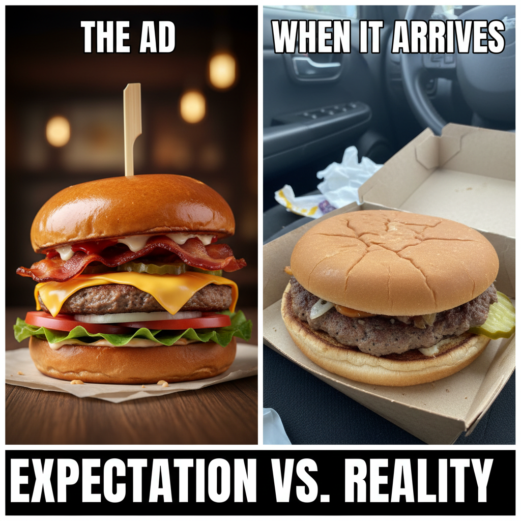 Ordered a gourmet burger, got a sad patty that looks like it lost a fight. #FoodDelivery