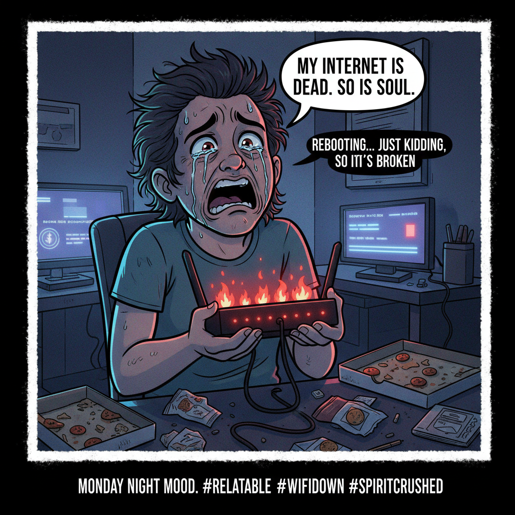 The 5 stages of grief when the WiFi goes down: Denial, Anger, Bargaining, Depression, Data Plan.