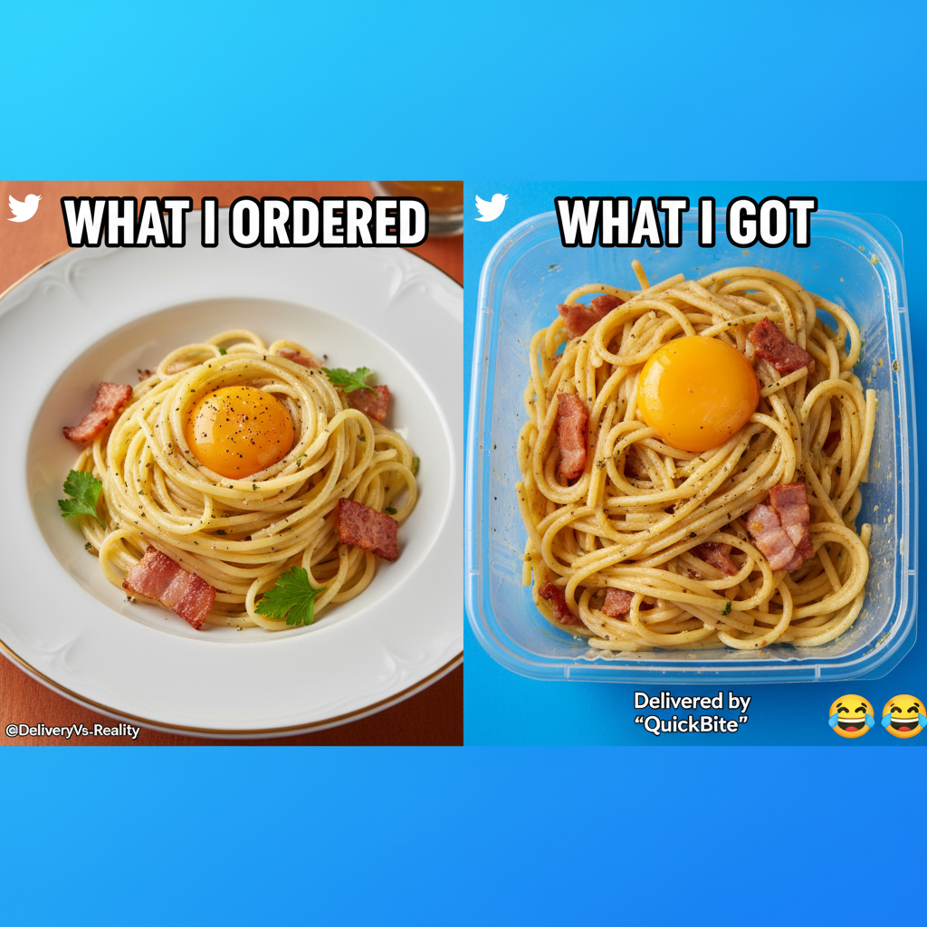 Food delivery expectation: Gourmet meal. Reality: My food looks like it survived a war.