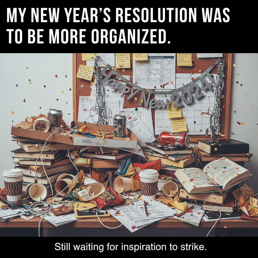 My New Year's resolution was to be more organized. My desk currently looks like a tornado hit it.