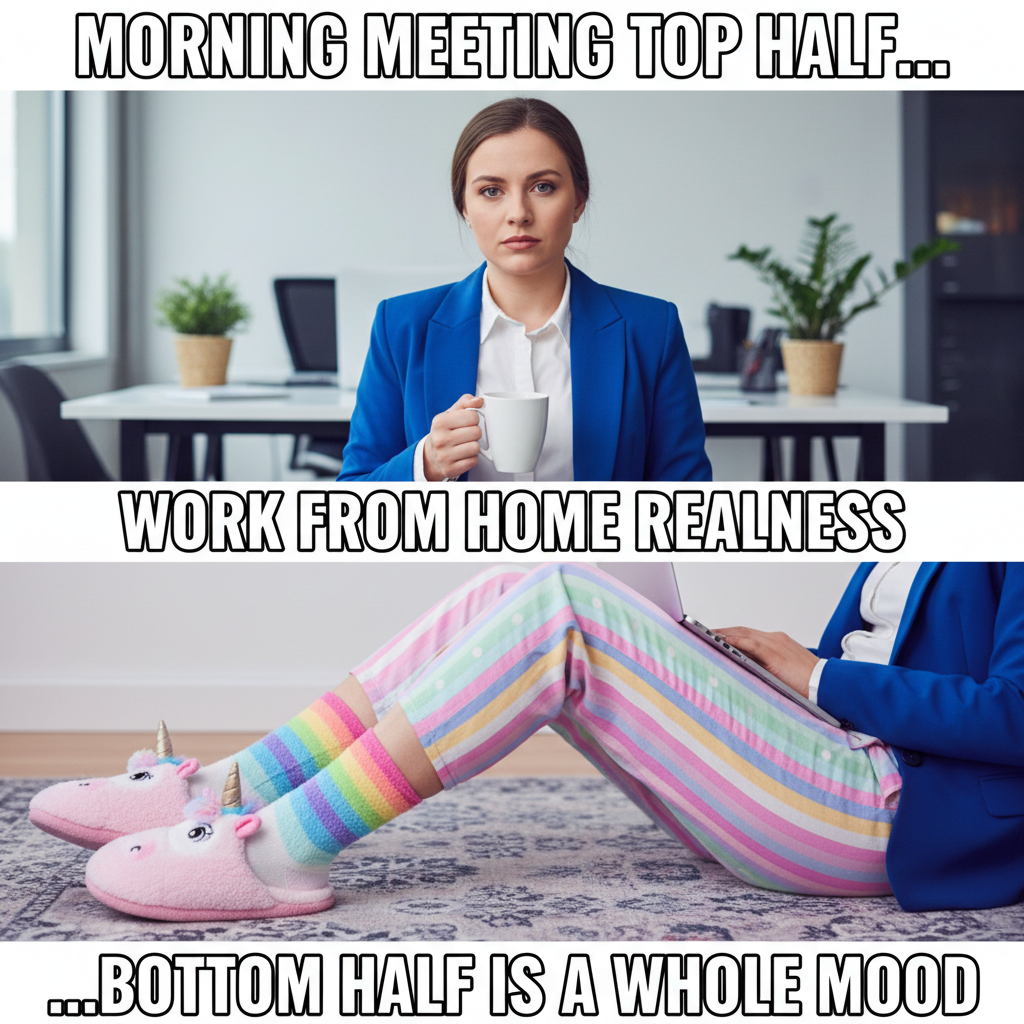 My WFH uniform: business on top, pajama pants and fuzzy socks on bottom. Peak professionalism.