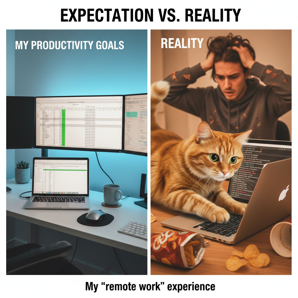 My WFH 'professional' setup vs. the reality of my cat walking across my keyboard during a Zoom call.