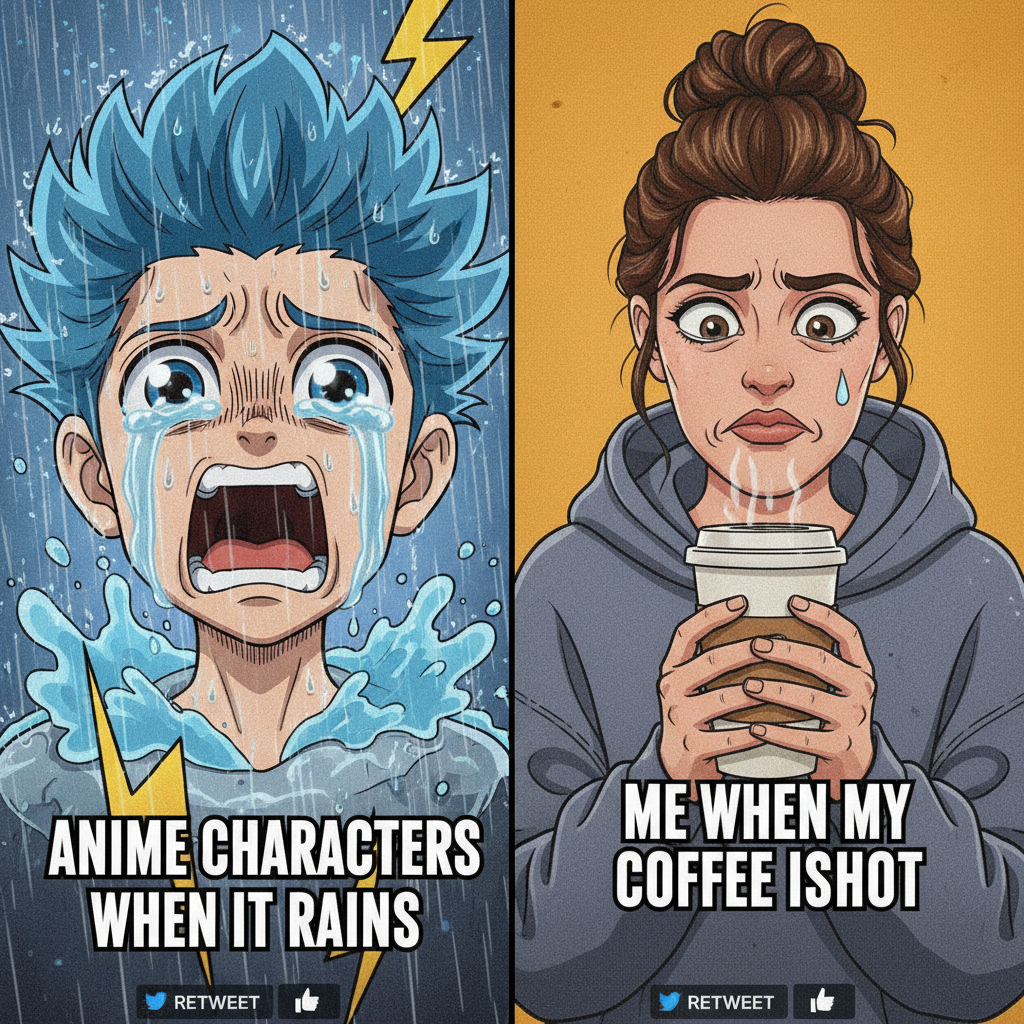 Anime characters when they see a single drop of rain vs. me when my coffee is cold.