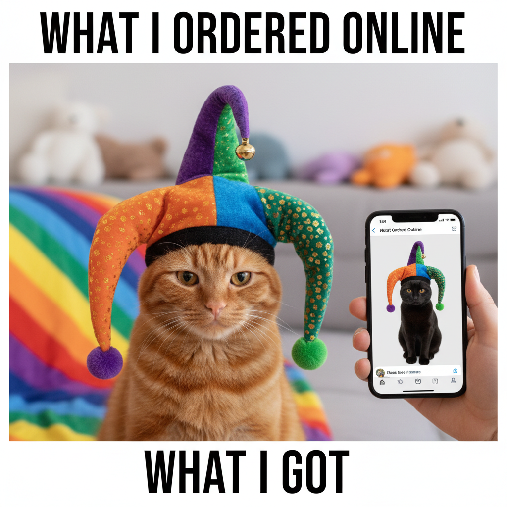 Bought a 'one-size-fits-all' hat online. It fits my cat perfectly. Not me.