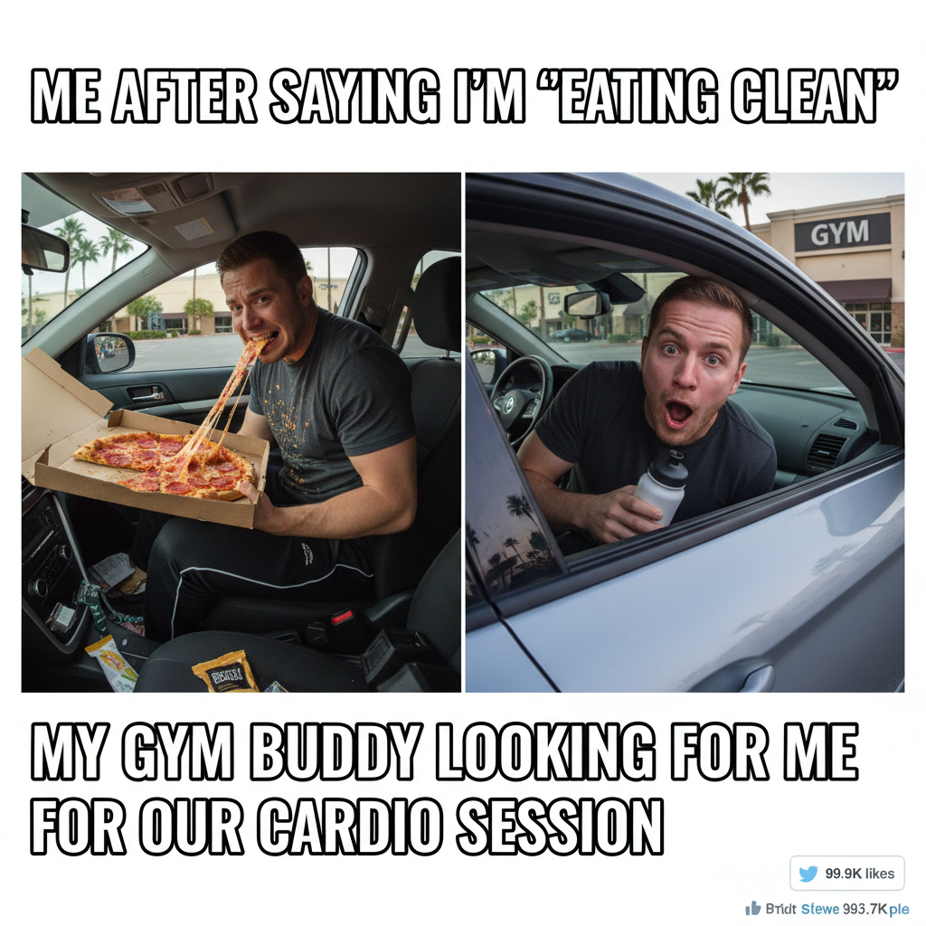 My 'gym buddy' just spotted me eating pizza in the parking lot. This is fine.