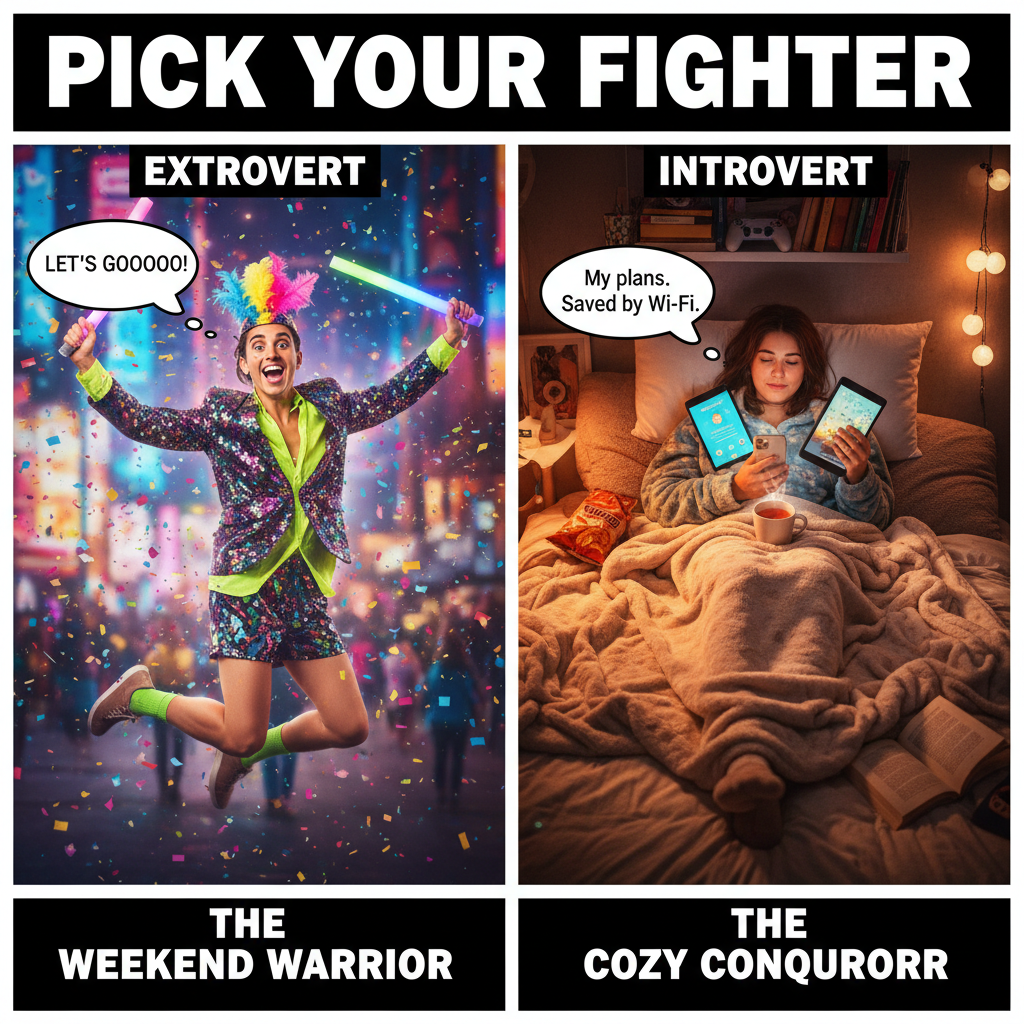 Extrovert: 'Let's go out!' Introvert: *already in bed by 8 PM* 'Sounds fun!'