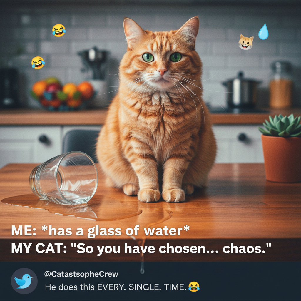 My cat just knocked my water glass over, stared me in the eye, and walked away. Power move.