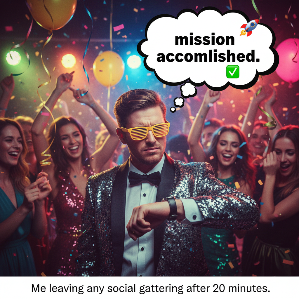 Introvert at a party: 'I've said my 3 sentences, time to go home.'