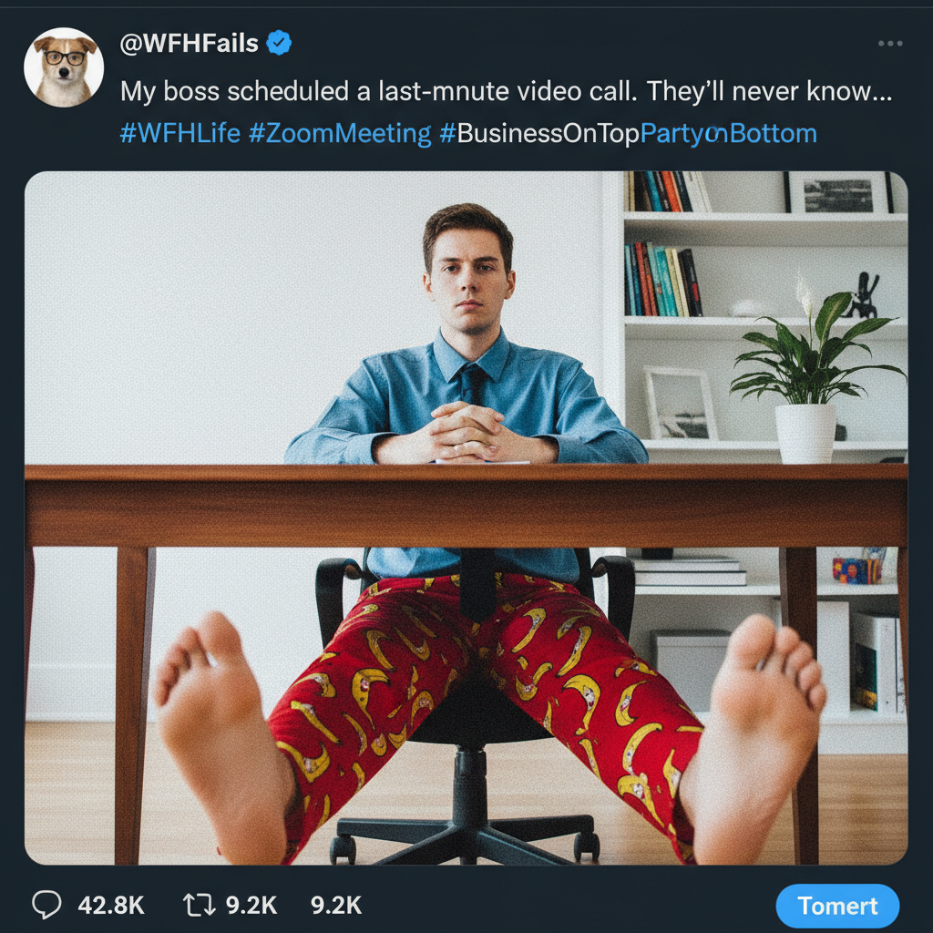 Work from home means my 'office attire' is a business top and pajama bottoms. Don't tell my boss.