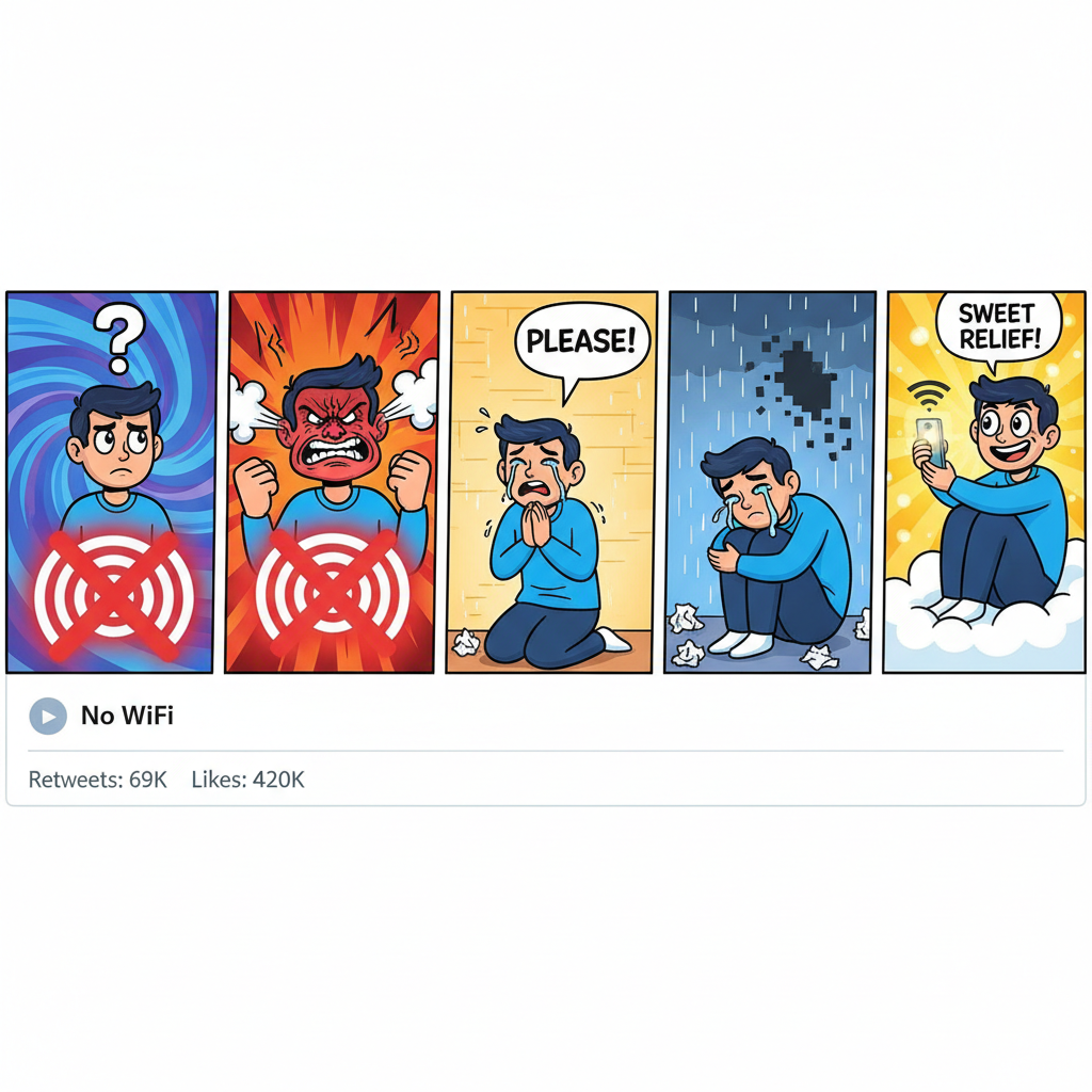 The 5 stages of grief when the WiFi goes down: Denial, Anger, Bargaining, Depression, Data Plan.