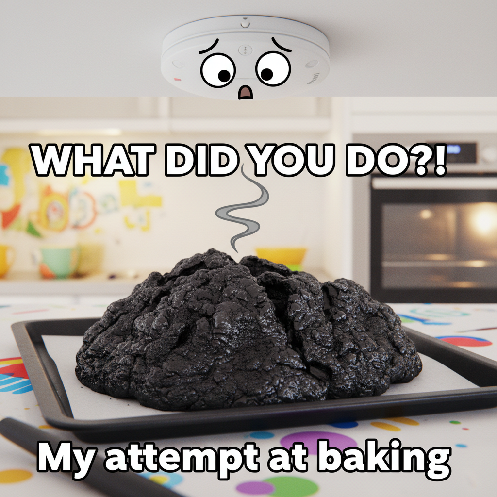 Tried to bake a cake, ended up with a charcoal briquette. My smoke alarm is traumatized.