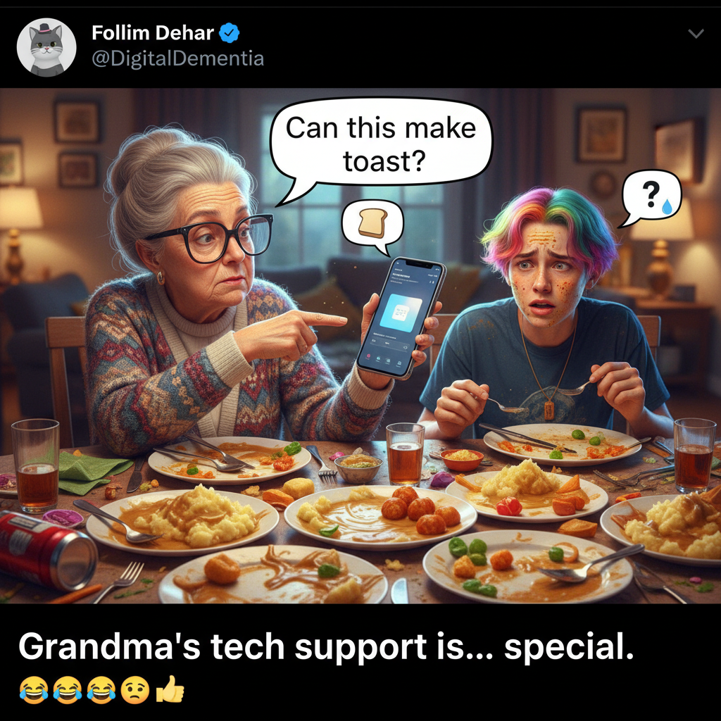 Grandma just asked if my phone can make toast. Holiday dinner is officially chaotic.