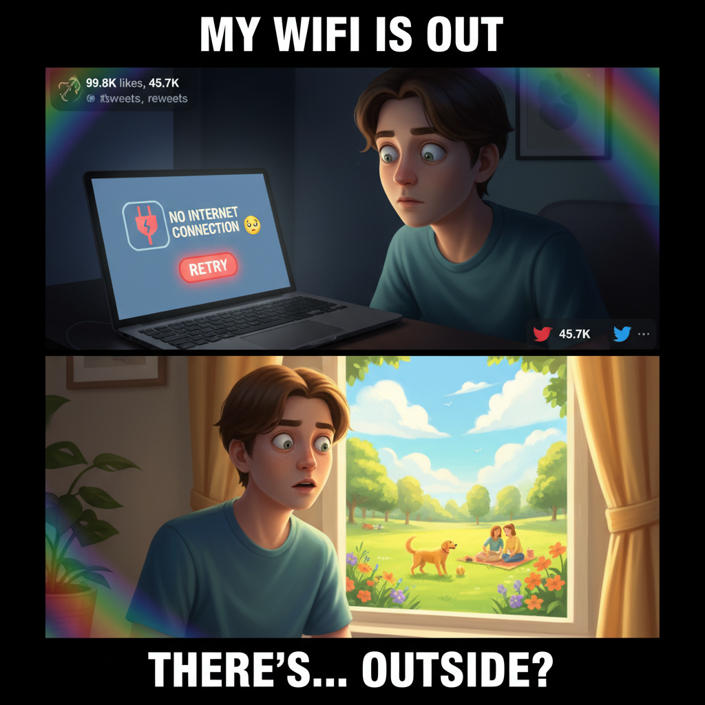 The WiFi just went down. Guess I'll go outside and experience 'nature' now. Send thoughts and prayers.