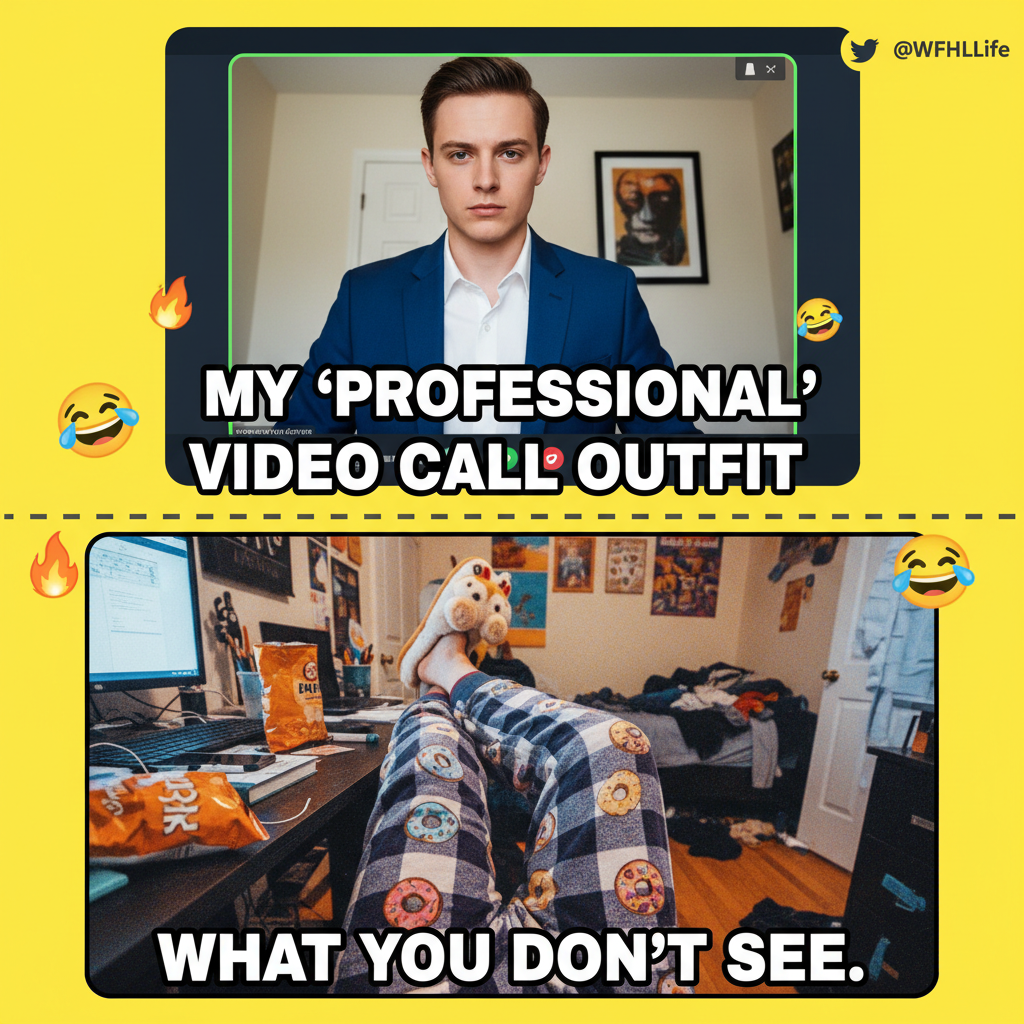 My 'work from home' outfit is 50% professional, 50% pajamas. The camera only sees the top half.