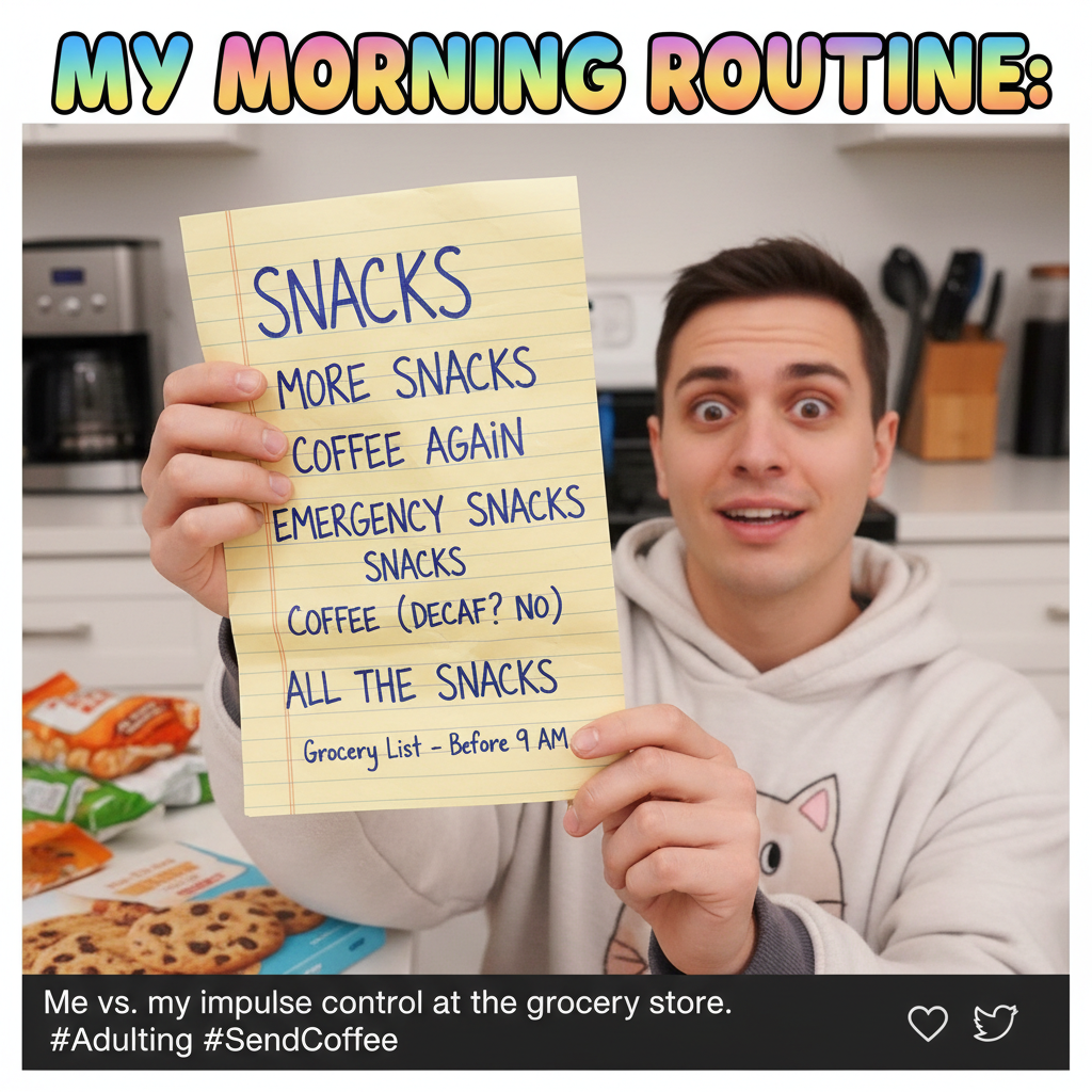 Adulting is just making a grocery list and realizing 80% of it is just 'snacks' and 'coffee'.