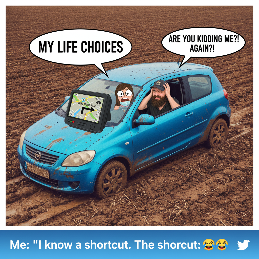 GPS: 'Turn left.' Me: *turns right into a field*. My co-pilot: *sighs in existential dread*.