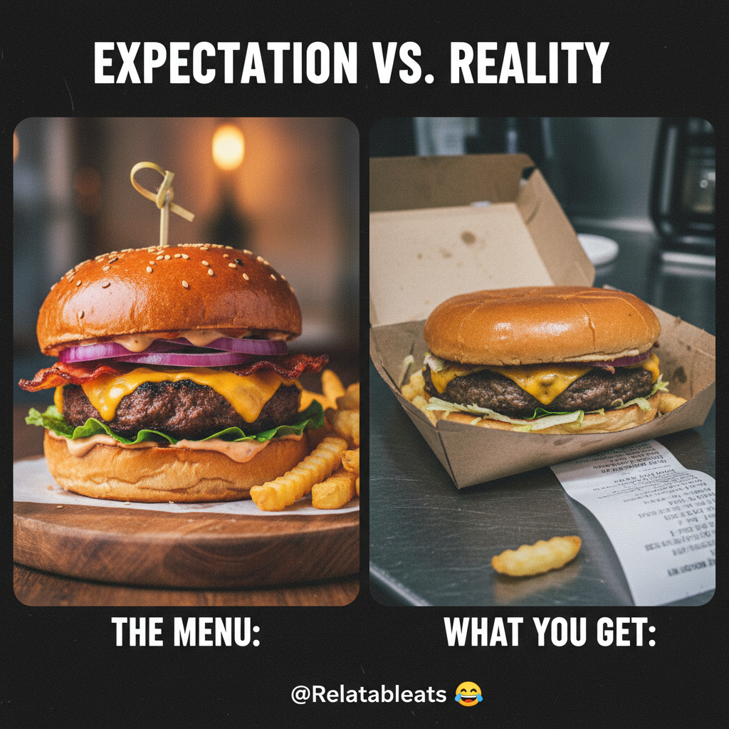 Ordered a gourmet burger, got a sad patty squished into a box. My expectations are in shambles. 😭