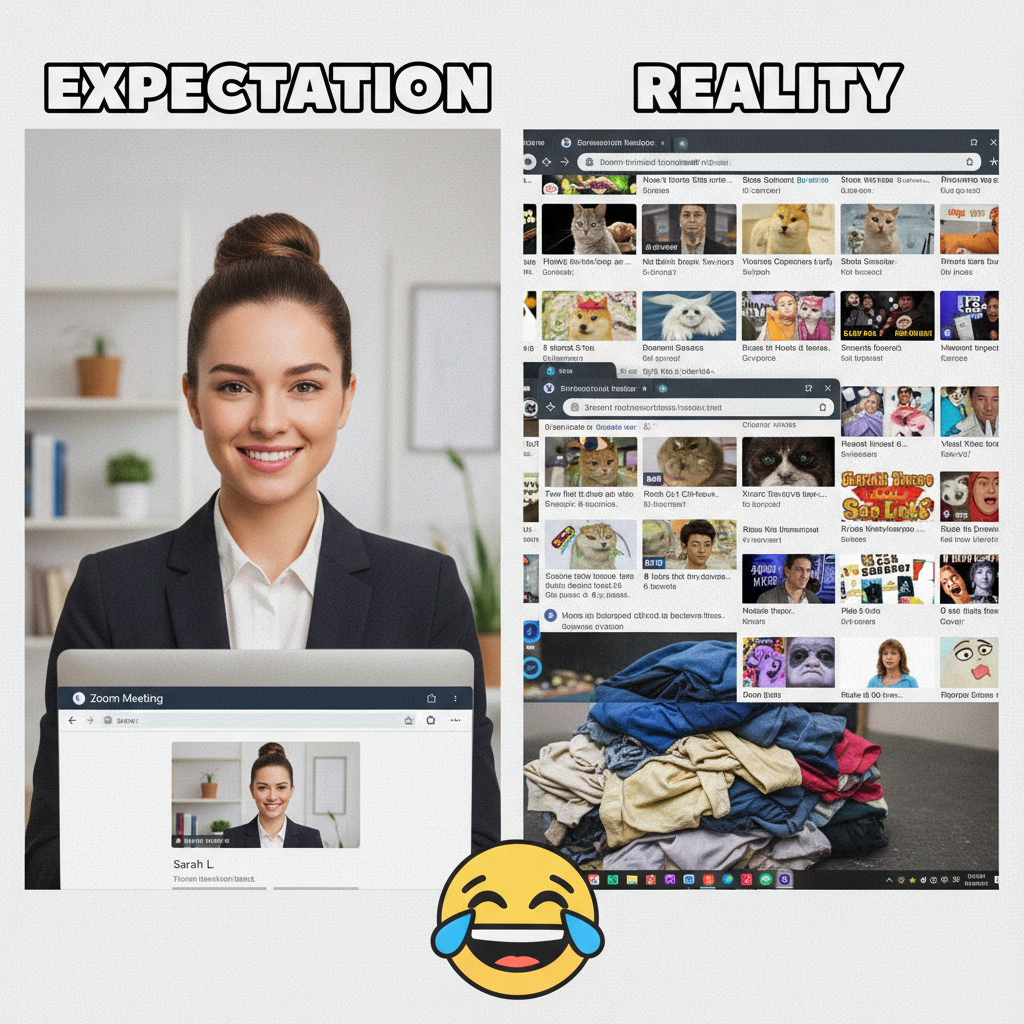 My camera during Zoom meetings: professional. My browser tabs: 30+ chaos, mostly cat videos.