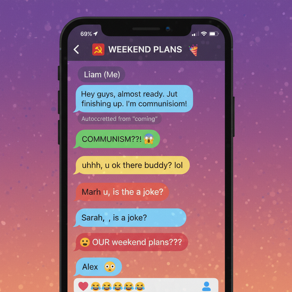 Autocorrect changed 'I'm coming' to 'I'm communism.' My family group chat is now a political debate.