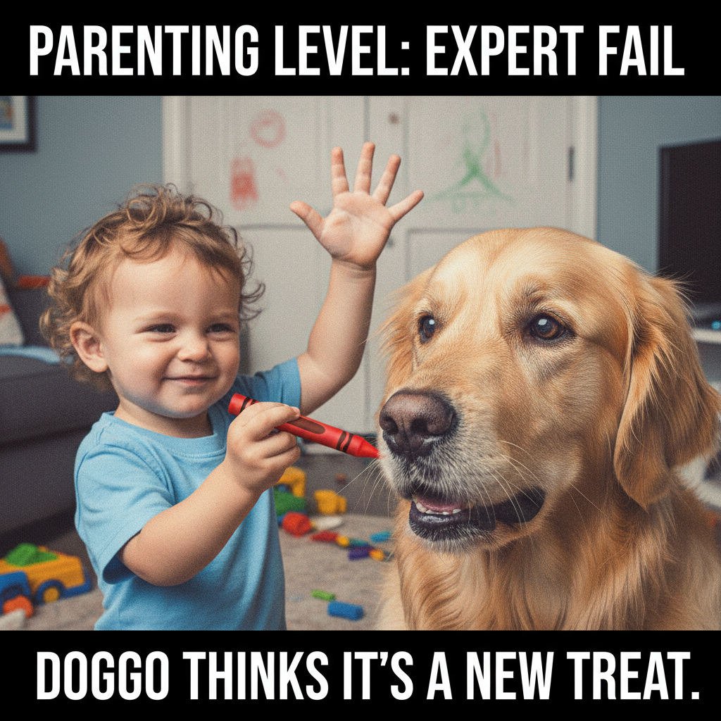 Just found my toddler trying to 'feed' the dog a crayon. Send wine and earplugs.