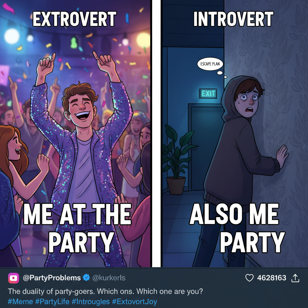Introvert at a party vs. Extrovert at a party. One is thriving, one is planning escape routes. 🤫🎉