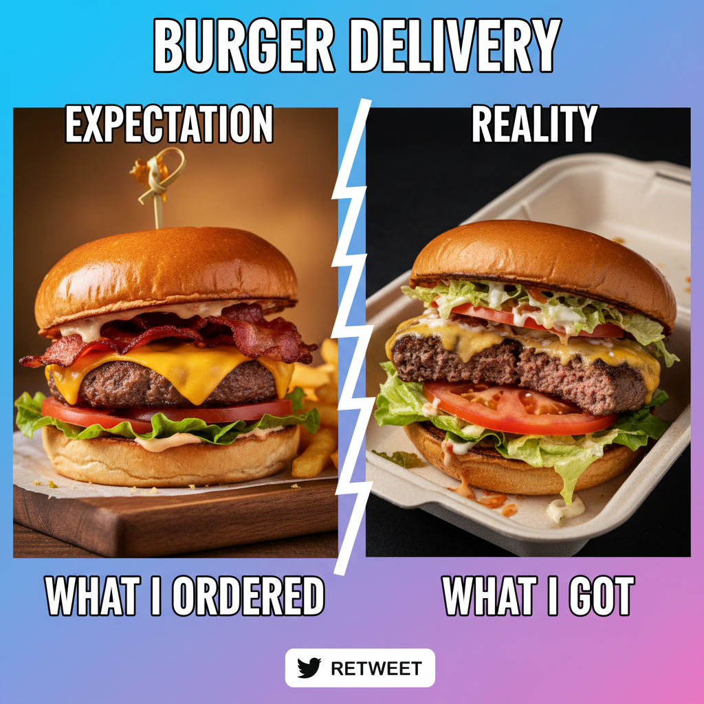 Ordered a gourmet burger. Got a sad patty sliding off a soggy bun. 🥲 #FoodDelivery