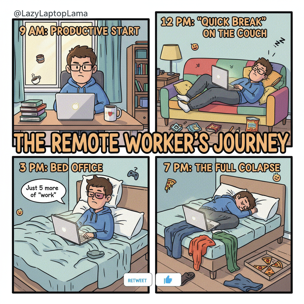 My WFH routine: Wake up, open laptop, move to couch, move to bed, repeat.