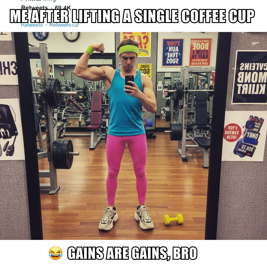 Went to the gym. Did one rep. Took a selfie. Called it a day. #FitnessJourney