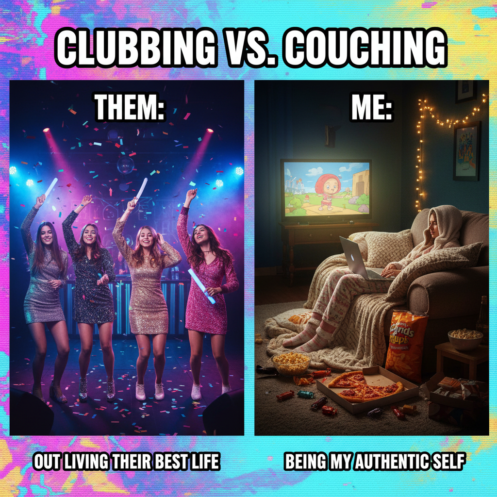 Friday night plans: 'Go out!' Reality: 'PJs, snacks, and questionable documentary choices.'