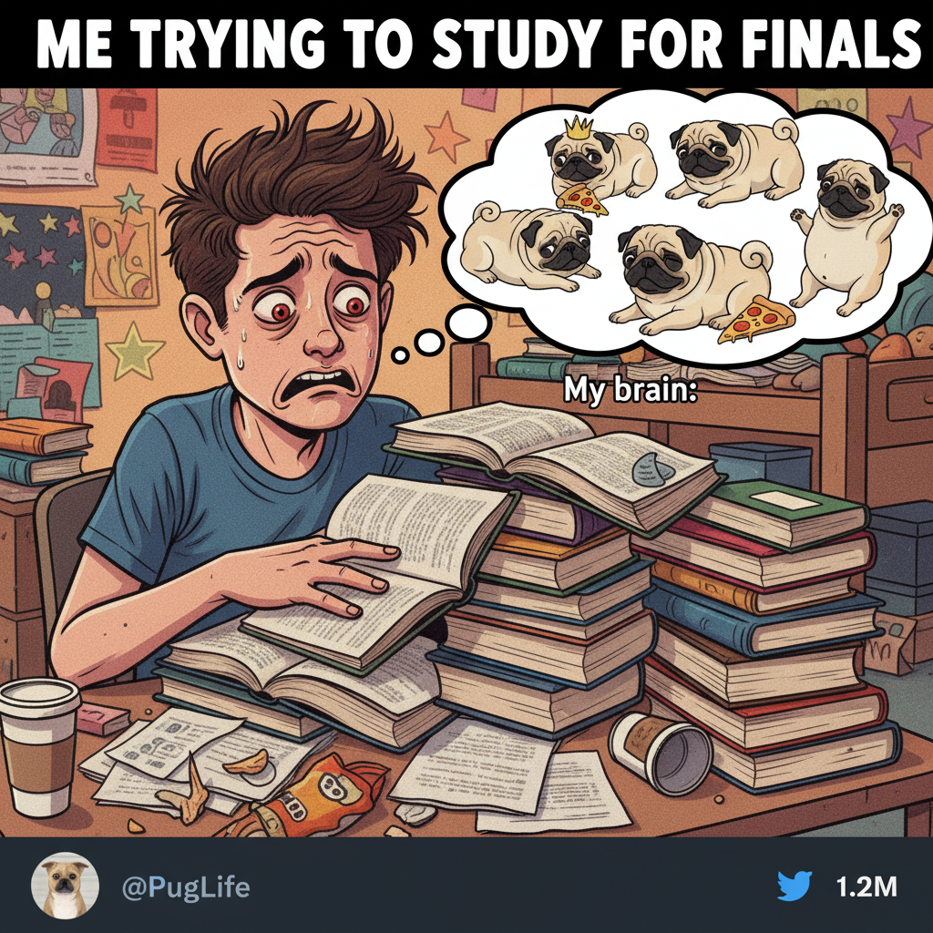 My brain during exam season: 'Did you know a group of pugs is called a grumble?'
