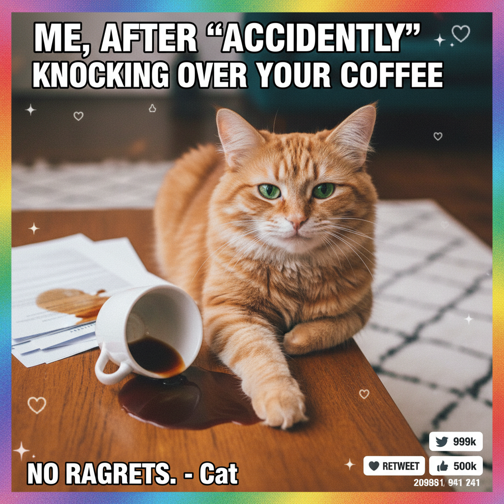 My cat just knocked my coffee over, then stared me down like *I* was the problem.