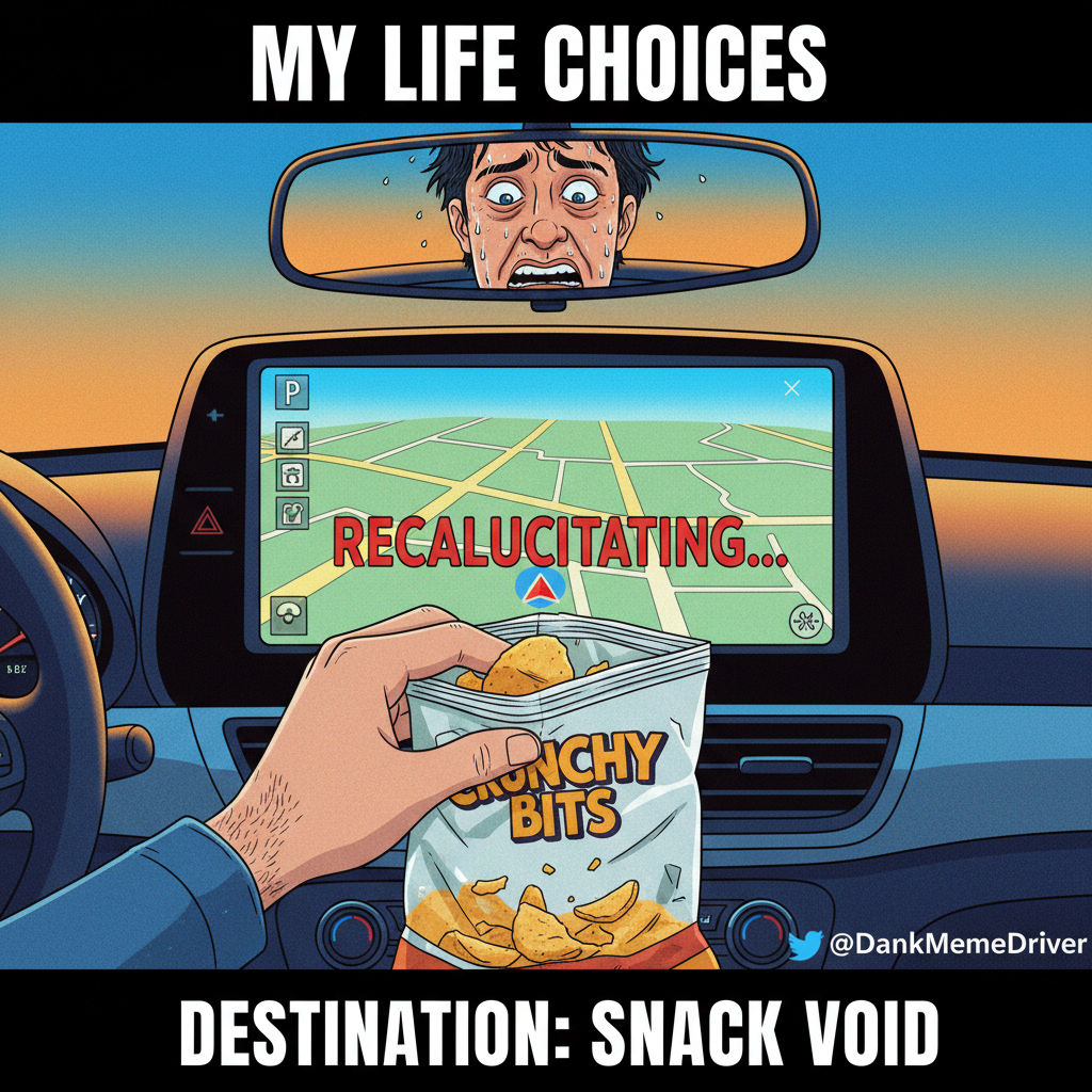 Road trip snacks: 50% crumbs, 50% existential dread from the GPS saying 'recalculating'