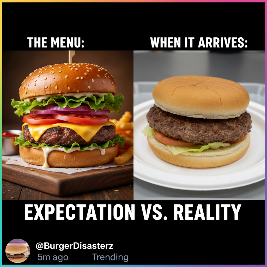 Ordered a gourmet burger, got a sad patty on a bun. My therapist will hear about this.