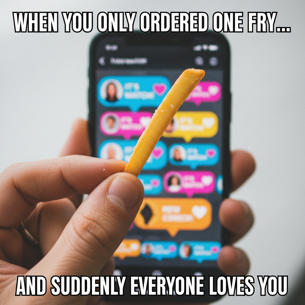 My dating app bio: 'Looking for someone to share my fries with.' Got 10 matches. It works.