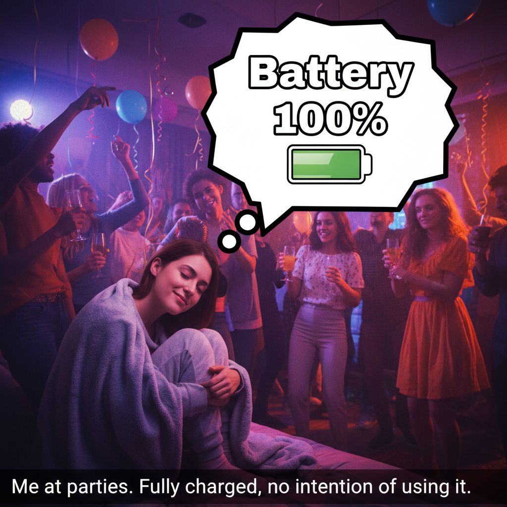 Introvert at a party: 'I've recharged enough social battery for the next 3 months.'