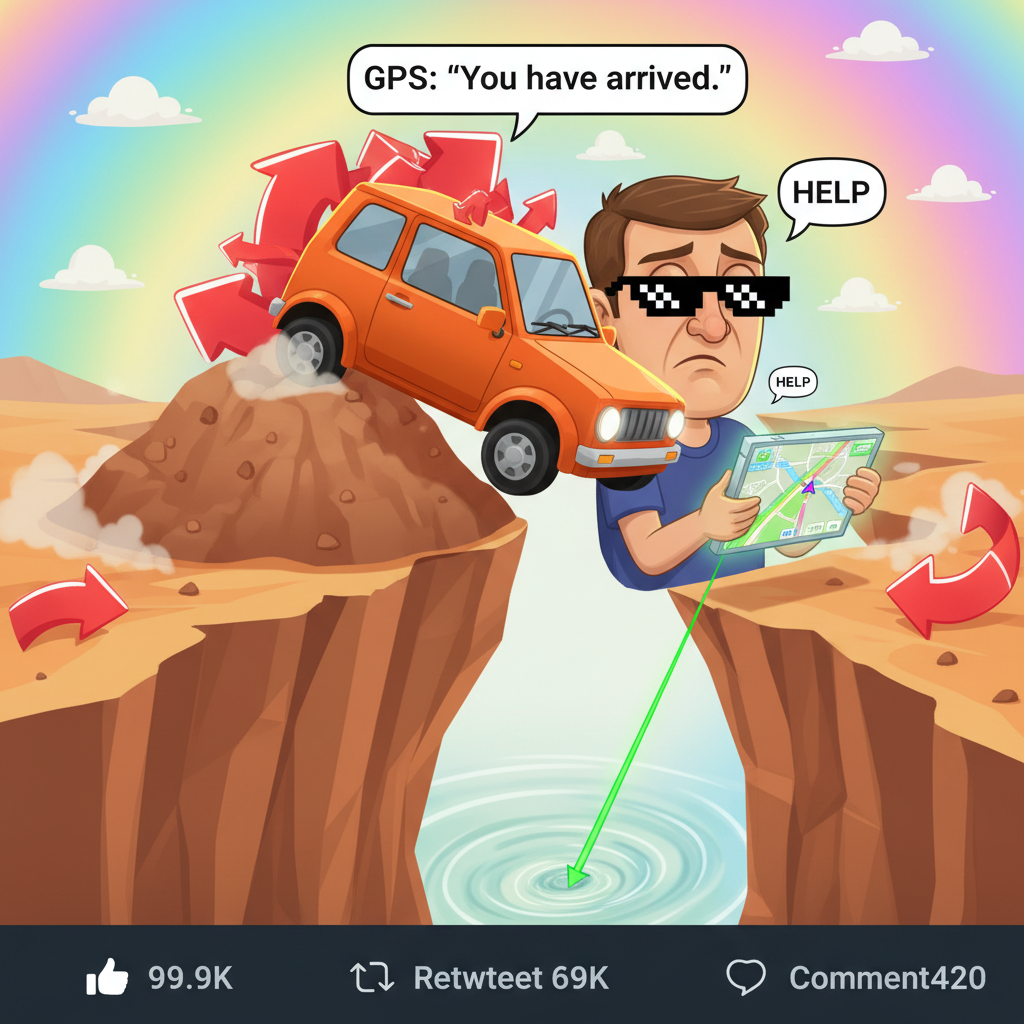 GPS: 'In 200 feet, turn left.' Me: 'But the road ended 50 feet ago?!'